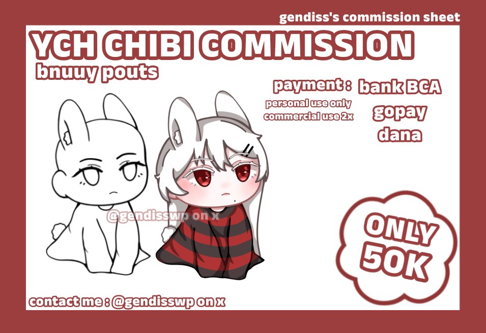gendisswp's tweet photo. ✨ YCH CHIBI COMMISSION OPEN ✨
[rt &amp; likes are very appreciated!]

aku open ych chibi commission untuk local 🇮🇩 only! saat ini hanya terbuka untuk 3 slot, please dm me if you have questions or you're interested! ✨

#commissionopen #commission #chibicommision #ychcommission https://t.co/9pFs14vVBG
