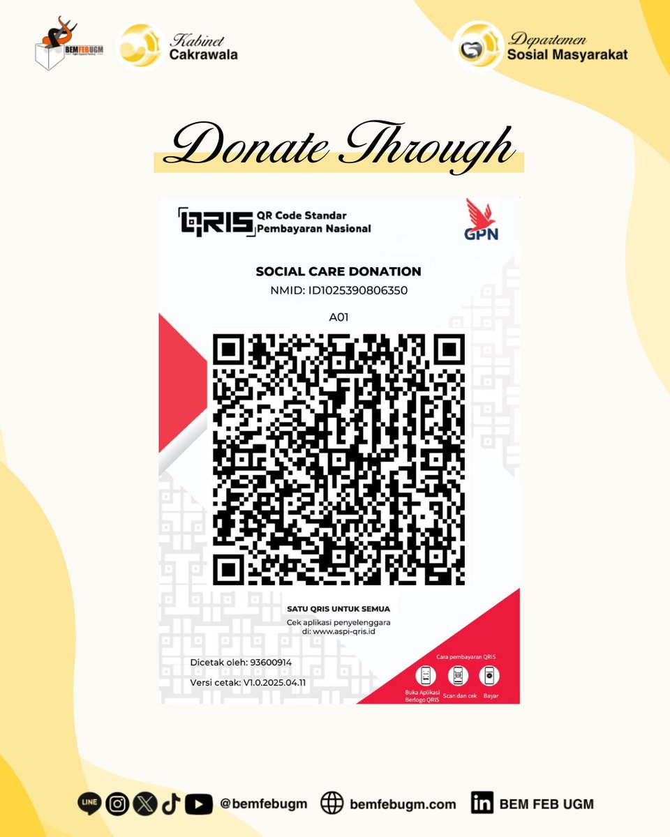 [Open Donation:Social Care]
Yuk, berbagi kebaikan
Donasi :
BCA 8870541482 Vincentius Ario
Mandiri 1370024998235 Vincentius Ario/Social Care
Gopay 082282123979 Vincentius Ario
Konfirmasi LINE <a href="/yeay30/">yeay</a>

Departemen Sosial Masyarakat
BEM FEB UGM 2025
Kabinet Cakrawala
#MenitiCakrawala