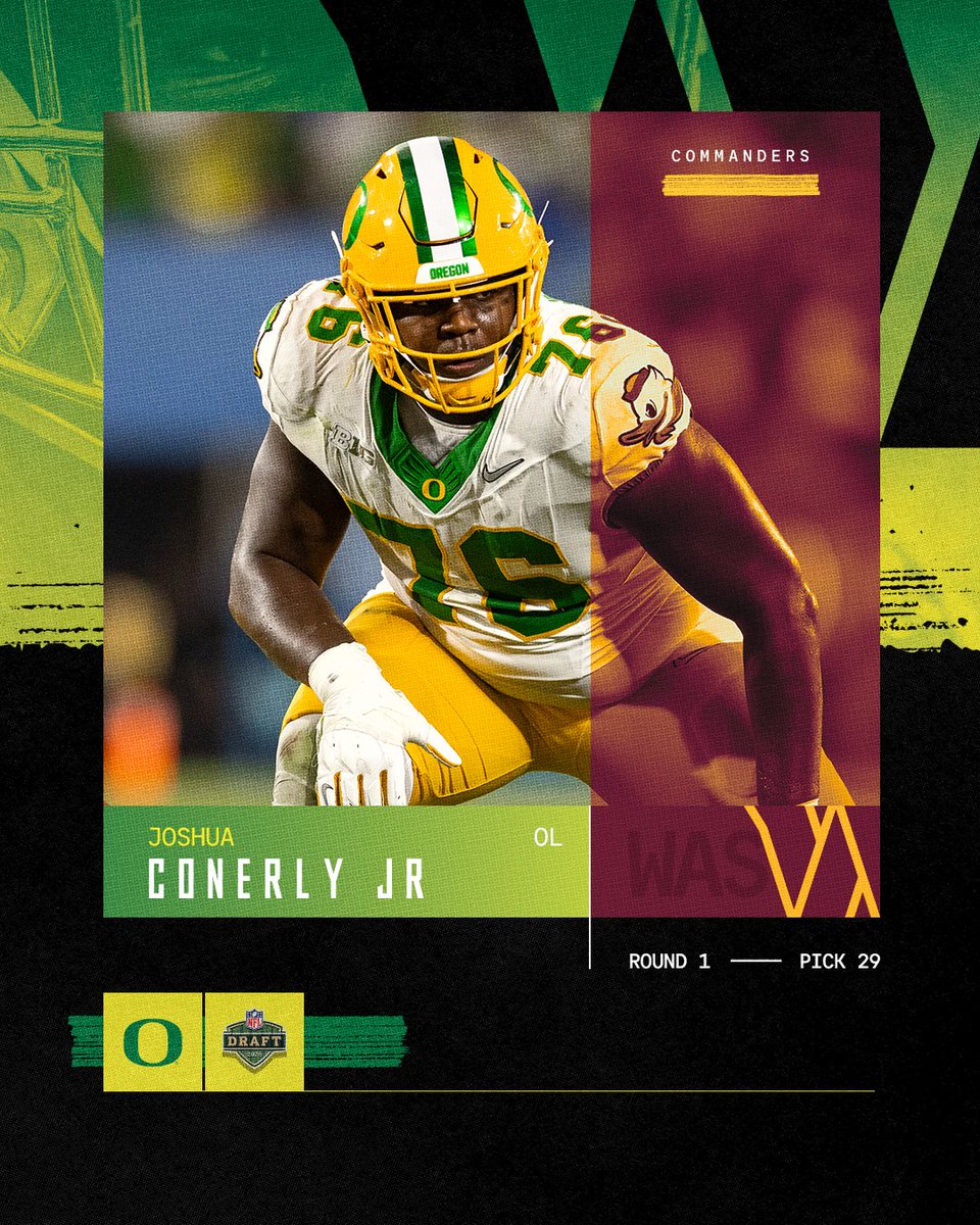 Oregon Football (@oregonfootball) on Twitter photo Washington has a new anchor up front.
<a href="/joshuaconerlyjr/">Josh(ua) Conerly Jr</a> is going to the <a href="/Commanders/">Washington Commanders</a> with the 29th overall pick in the #NFLDraft!
#ProDucks Washington has a new anchor up front.
<a href="/joshuaconerlyjr/">Josh(ua) Conerly Jr</a> is going to the <a href="/Commanders/">Washington Commanders</a> with the 29th overall pick in the #NFLDraft!
#ProDucks