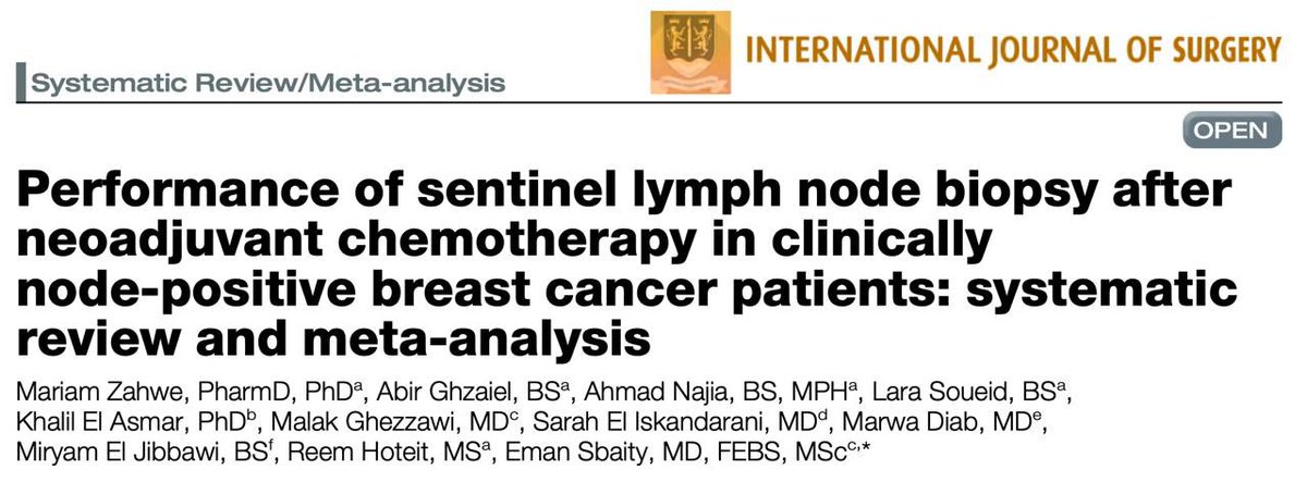 Eman Sbaity (@emansbaity) on Twitter photo I am thrilled to announce our most recent publication βPerformance of #SLNB after Neoadjuvant Chemotherapy in Clinically Node Positive #BreastCancer Patients: #SystematicReview and Meta-analysisβ in <a href="/IJSurgery/">International Journal of Surgery</a> (IF: 12.5)!
Congratulations to the team. <a href="/AUB_Lebanon/">American University of Beirut</a> <a href="/AUBMC_Official/">American University of Beirut Medical Center</a> I am thrilled to announce our most recent publication βPerformance of #SLNB after Neoadjuvant Chemotherapy in Clinically Node Positive #BreastCancer Patients: #SystematicReview and Meta-analysisβ in <a href="/IJSurgery/">International Journal of Surgery</a> (IF: 12.5)!
Congratulations to the team. <a href="/AUB_Lebanon/">American University of Beirut</a> <a href="/AUBMC_Official/">American University of Beirut Medical Center</a>