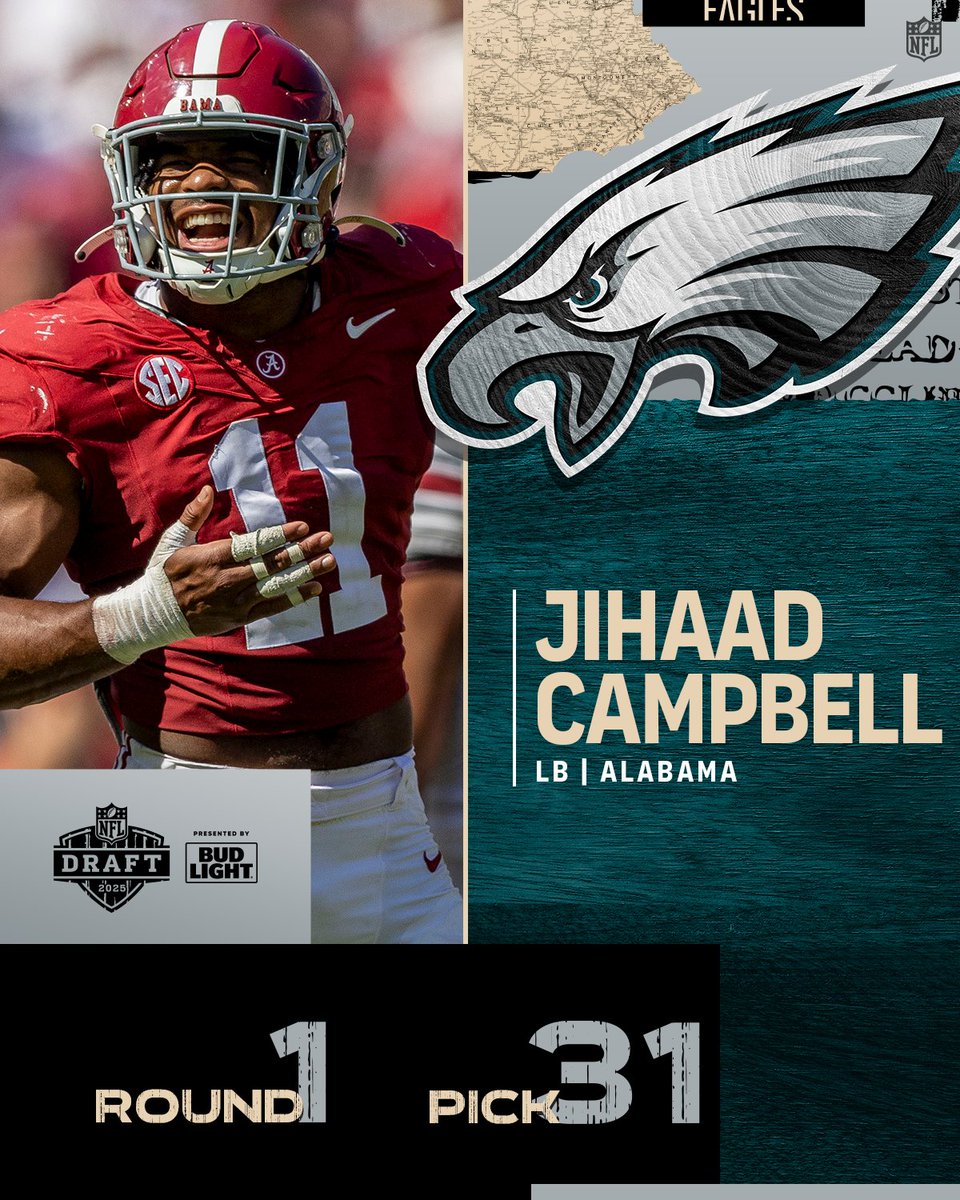 With the No. 31 overall pick in the 2025 <a href="/NFLDraft/">NFL Draft</a>, the <a href="/Eagles/">Philadelphia Eagles</a> select Jihaad Campbell. <a href="/NewEraCap/">New Era Cap</a>

📺: #NFLDraft on NFLN/ESPN/ABC
📱: Stream on <a href="/NFLPlus/">NFL+</a>