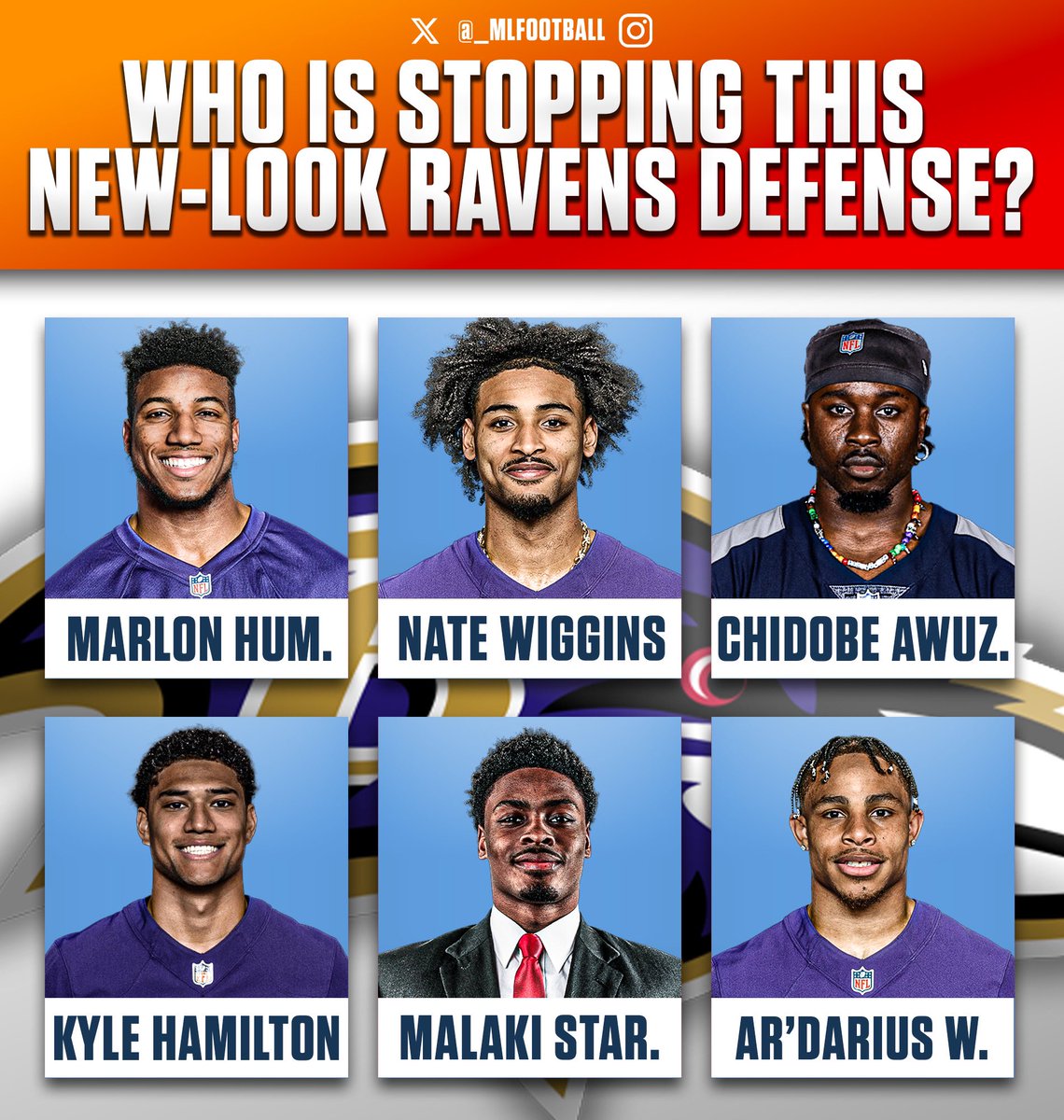 MLFootball (@_mlfootball) on Twitter photo 🚨THE BALTIMORE #RAVENS SECONDARY IS ABSURD.
CB: Marlon Humphrey
CB: Nate Wiggins
CB: Chidobe Awuize
S: Kyle Hamilton
S: Malaki Starks
S: Ar’Darius Washington
🤯🤯🤯
This is one of the best defensive back rooms we’ve ever seen. <a href="/marlon_humphrey/">marlonhumphrey.eth</a> 🚨THE BALTIMORE #RAVENS SECONDARY IS ABSURD.
CB: Marlon Humphrey
CB: Nate Wiggins
CB: Chidobe Awuize
S: Kyle Hamilton
S: Malaki Starks
S: Ar’Darius Washington
🤯🤯🤯
This is one of the best defensive back rooms we’ve ever seen. <a href="/marlon_humphrey/">marlonhumphrey.eth</a>