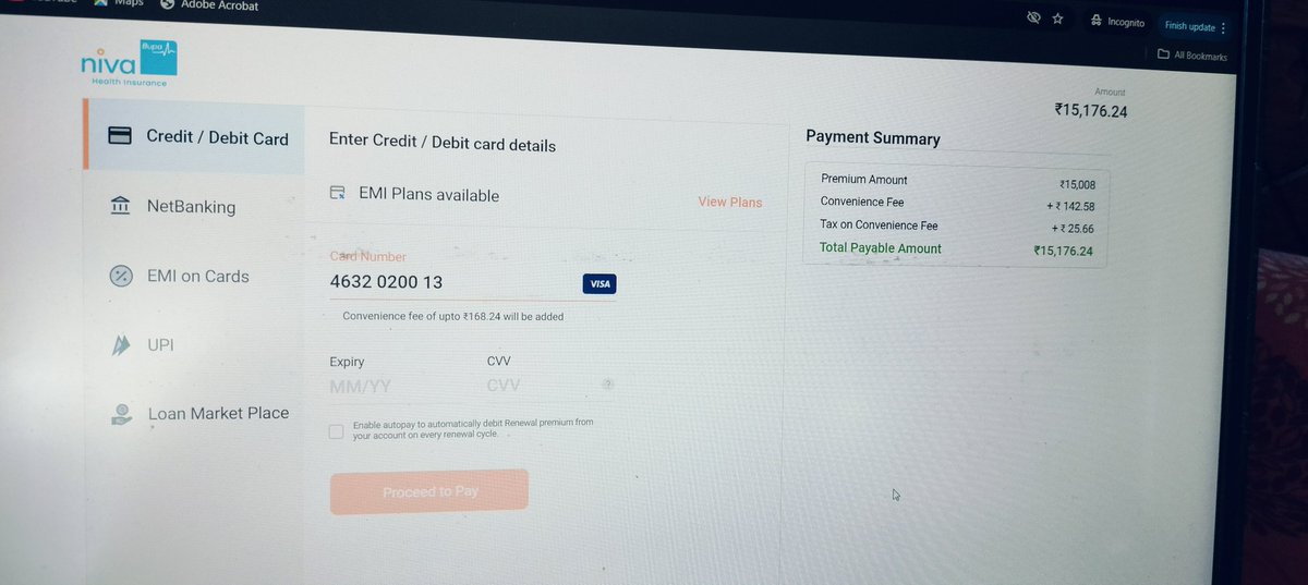 Adityarprakash's tweet photo. @Niva_Bupa what is happening, how you will charge for the convenience fee to renew the policy. Even payment with Debit or Credit card. What is happening in #Health_insurance even in convenience they are charging tax. https://t.co/tFpbD45MsY
