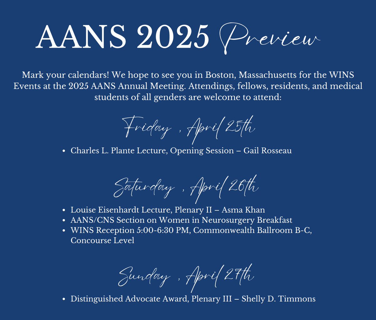 #AANS2025 is kicking off! Check out all of WINS' scheduled events. We hope to see you there!! Everyone is welcome. #Conference #Boston #Neurosurgery
