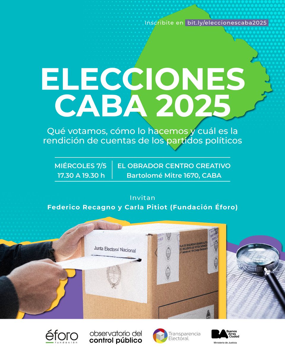 🗳️🙋Elecciones CABA 2025: Qué votamos, cómo lo hacemos y cuál es la rendición de cuentas de los partidos políticos 

Exponen

✅ <a href="/CarlabPitiot/">Carla Pitiot</a> 
✅ <a href="/leandroquerido/">Leandro Querido</a> 
✅ <a href="/LeandroSaco/">Leandro Saco</a> 

📅 Miércoles 7/5 - 17.30 a 19.30 h
📍 El Obrador Centro Creativo (Bartolomé Mitre 1670 - CABA)