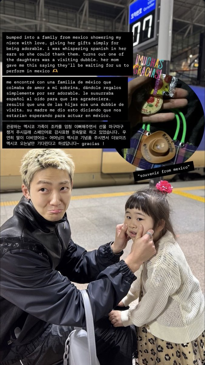 mooneybees's tweet photo. a family from mexico with a deobi daughter ran into kevin and harang and gave them souvenirs from mexico 🥹 hoping the boyz can perform in mexico someday… https://t.co/thP0OePat5