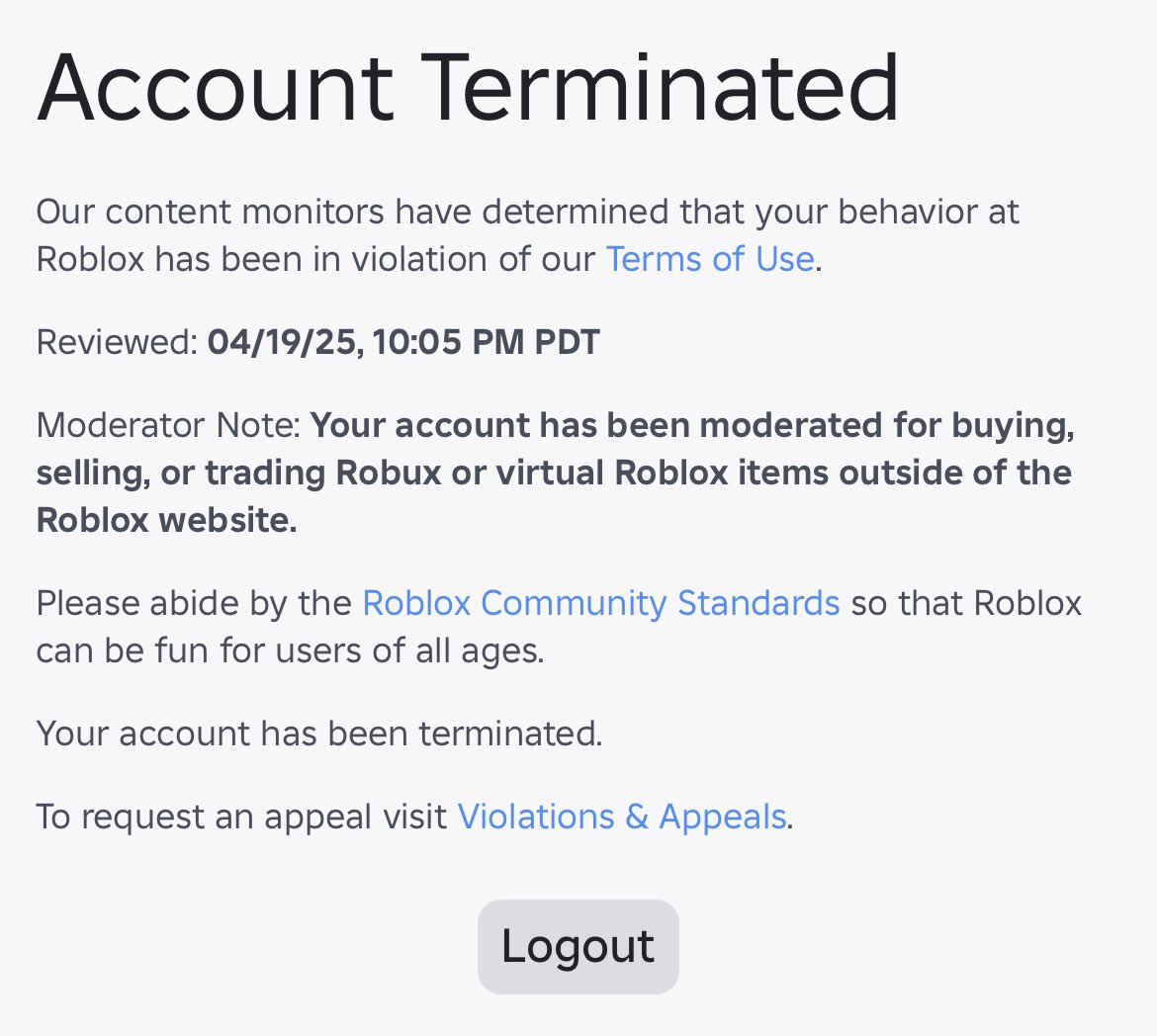 alxiyo's tweet image. Hey guys hoping someone can help me out with this. @robloxdevrel
I’ve been consistently paying out devs and designers for my group for about 3 years now, on April 19th I did a big payout to a dev and an hour later I get banned. I’ve never sold robux or broke tos in my life.…