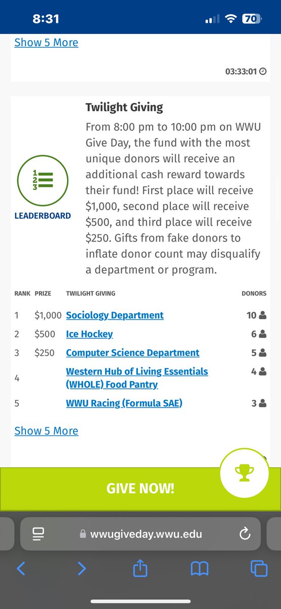 #WWUGiveDay If we get the most donors between now and 10 p.m., we get an additional thousand dollars!

Please help if you can 🙏: wwugiveday.wwu.edu/giving-day/925…