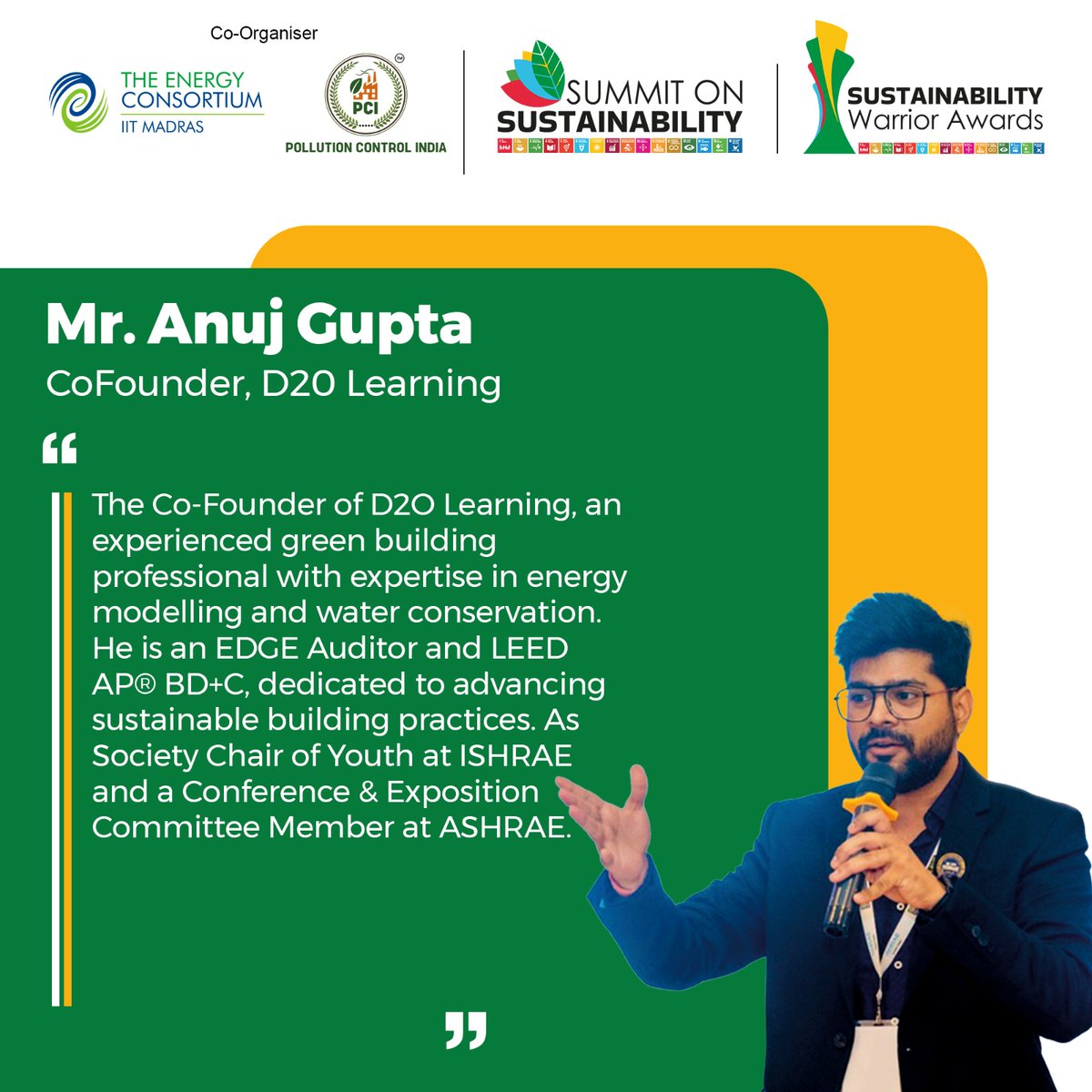 PollutionCont15's tweet image. Meet Anuj Gupta — Co-Founder of D2O Learning &amp;amp; champion of green building!
As an EDGE Auditor, LEED AP® BD+C &amp;amp; ISHRAE Youth Chair, he's shaping sustainable spaces for a better tomorrow. 

#VisionariesForTomorrow #GreenBuildingHero #SustainabilityLeader