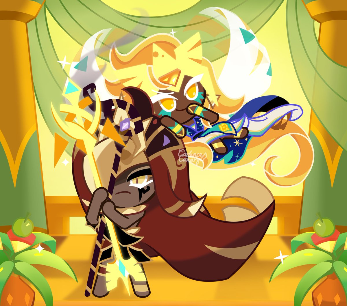 CadenceCanary's tweet photo. Ever-Radiant Goddess and her general.

#smokedgolden #goldencheesecookie #smokedcheesecookie #crkfanart #cookierunkingdomfanart #cookierunkingdom https://t.co/CHL7kvaE7E