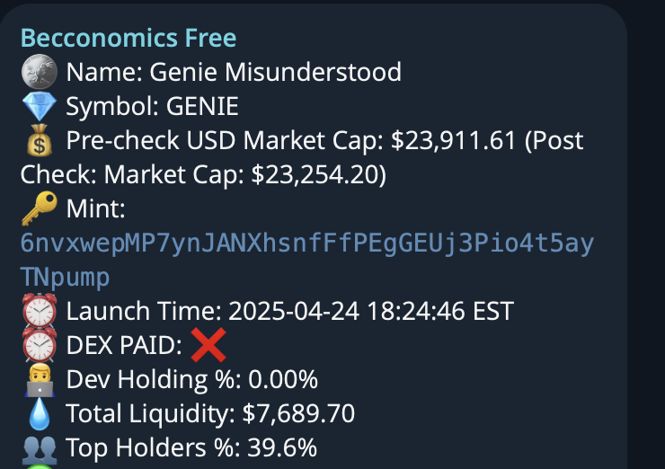 Becco_ai's tweet photo. $GENIE hit $1M from $23K alert. https://t.co/iwudf2YJZZ