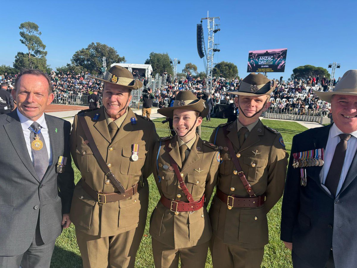 HonTonyAbbott's tweet image. At the Anzac Day National Service at the War Memorial with Barnaby and some of our top cadets.