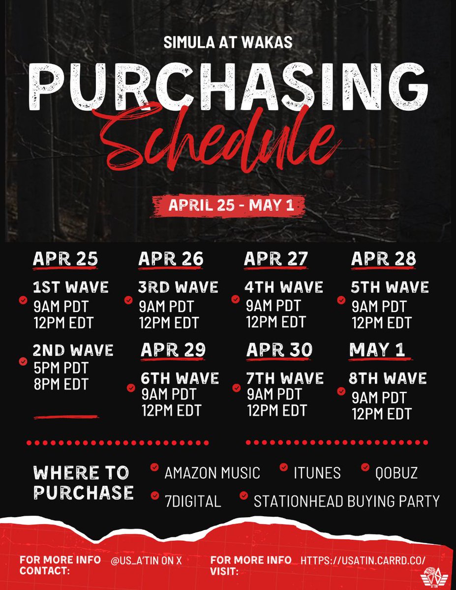 US_ATIN's tweet photo. 💥US-based A’TIN & SB19 supporters, it’s almost time! The 1st WAVE of our iTunes purchasing party for Simula At Wakas starts in 2 hours.

Make sure your iTunes accounts are ready. Set your alarms for 9AM PDT/12PM EDT. Check the pubmat for your specific time zone.

💥REMEMBER:
Buy the tracks first, then the album. If funds are limited, purchase 'TIME,' the EP’s lead track. Give all tracks and the album a 5-star rating and write a review.

💥If you don't have an iTunes account, you can purchase the Simula At Wakas EP from other platforms, such as Amazon Music, Qobuz, 7Digital, or Stationhead (during buying parties).

SB19 SAW EP RELEASE
@SB19Official #SB19 
#SB19SaW #SimulaAtWakasOutNow