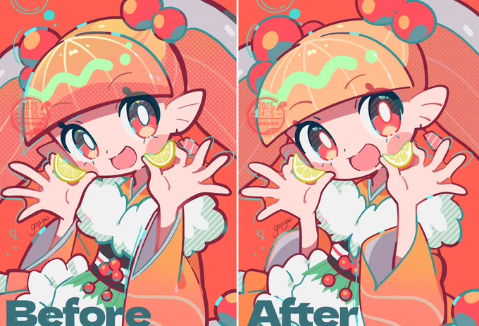 描き直してみた細かいパーツを少しずつ変えただけなのに結構変わるね。個人的にはAfterの方がキャラクター性がアップしてる気がして好き。小さなことでも変えていくと印象が変わっていくんだなぁ～と思いました#OC 