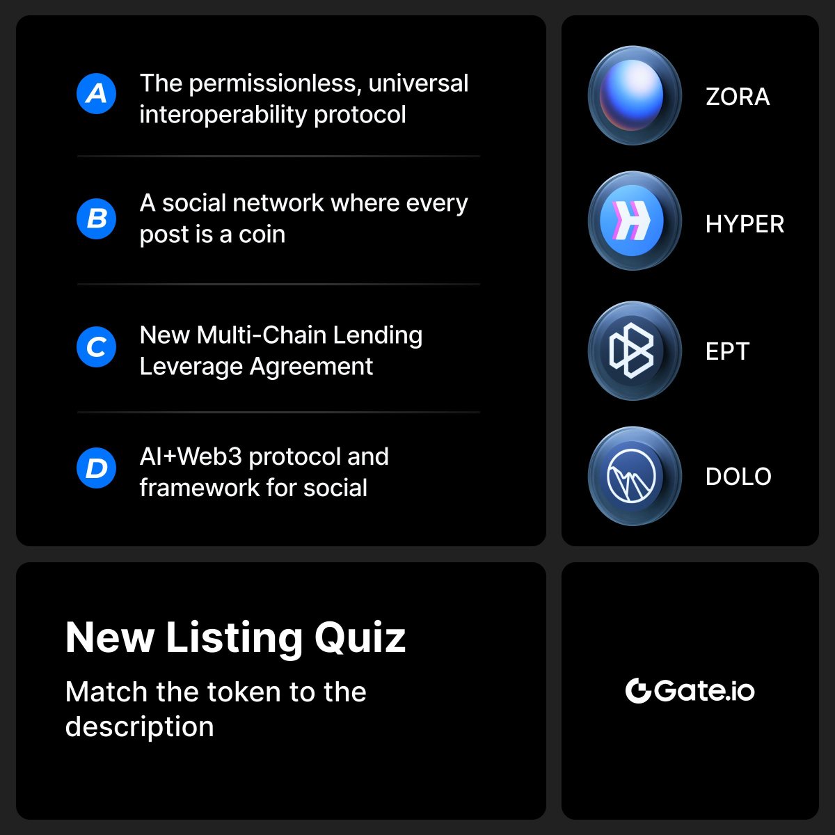 🤩Win big rewards with #GateioQuiz!

💰$10 * 10 winners

1️⃣Follow <a href="/Gate_io/">Gate.io</a>
2️⃣Like, RT &amp; Tag 3 friends
3️⃣Match the token to the correct description

📆Ends: Apr 28, 11:00 AM (UTC)