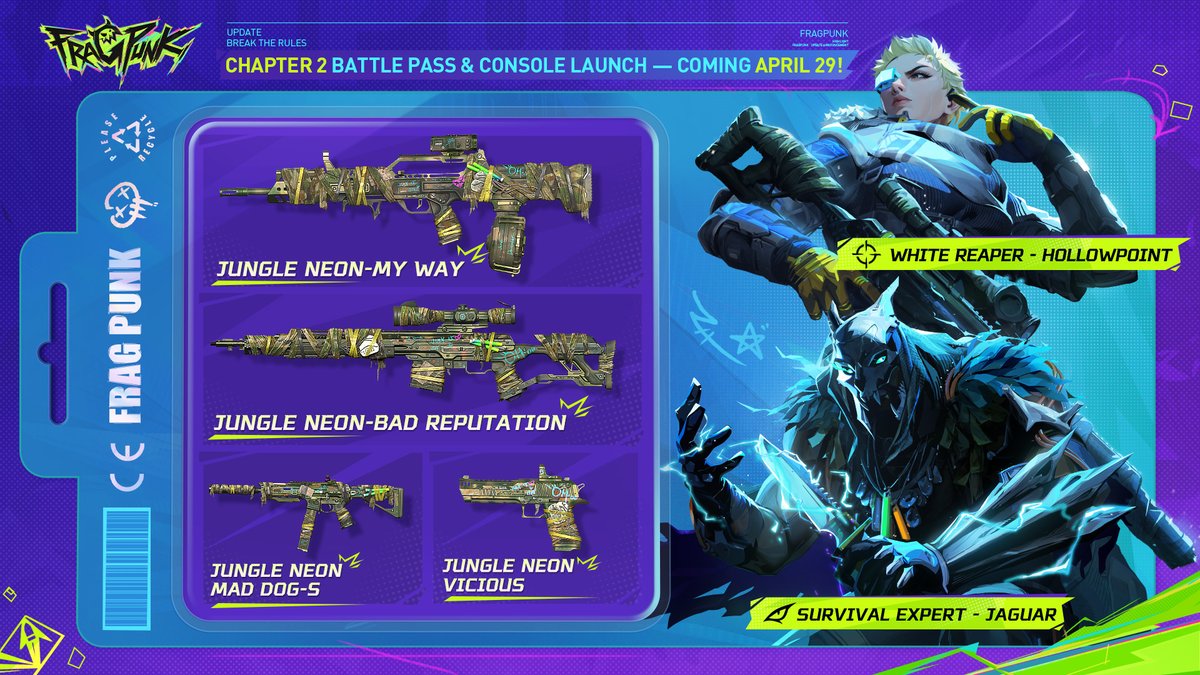 PlayFragPunk's tweet image. Big things are dropping in Wild Dawn: Chapter 2 🔥

Catch all the highlights and jump into new content after the April 25 maintenance 👇

PLUS: New Battle Pass &amp;amp; Console Launch on April 29! 🎮💥

#FragPunk #BreakTheRules