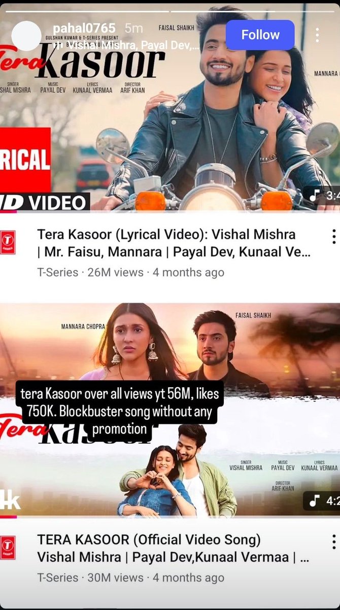 Rumig25Gogoi's tweet photo. Omg!! Tera kasoor over all views56 million views in YT likes, 750K blockbuster song without any promotion 😍🤌 Congratulations @memannara and the whole team of tera kasoor 🤌✨
#MannaraChopra
#Tseries
#Mannarians
#blockbustersong https://t.co/NU6Pv9RaUB