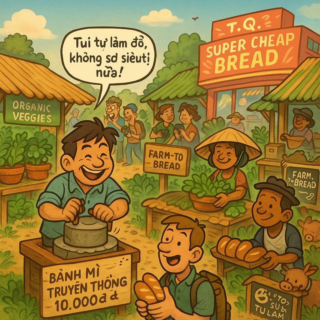 Hirohnguyen's tweet photo. Phần 3: Các quầy tự lập để bớt phụ thuộc siêu thị T.Q.
Khu chợ dần ổn, nhưng anh Lào, chị Campuchia, và chú Zambia nhận ra: “Siêu thị T.Q. mạnh quá, tụi mình phụ thuộc họ nhiều, dễ bị ảnh hưởng!” 
Họ quyết định tự lập: tự làm bột mì từ lúa trong chợ, trồng rau, nuôi heo để có thịt, không mua từ siêu thị T.Q. nữa. Họ còn làm bánh mì ngon hơn, dựng bảng “Bánh mì truyền thống 10.000 đồng”, thu hút khách du lịch từ xa. Dần dần, các quầy đông khách hơn, không còn lo siêu thị T.Q. làm khó. Anh Lào cười: “Tui tự làm đồ, không sợ siêu thị nữa, khách cũng thích bánh mì truyền thống!”
Ý nghĩa kinh tế:
- Anh Lào, chị Campuchia, chú Zambia tự làm bột mì, rau, thịt, tìm khách du lịch, không mua từ siêu thị T.Q. => đây là tự chủ kinh tế, giúp họ giảm phụ thuộc và mạnh hơn. Thực tế, nhiều nước như Việt Nam sau năm 2015 đã tăng sản xuất nội địa, giảm nhập khẩu từ Trung Quốc, để bớt bị ảnh hưởng khi Trung Quốc phá giá đồng tiền, tương tự cách các quầy tự lập để không lo siêu thị T.Q. làm khó.