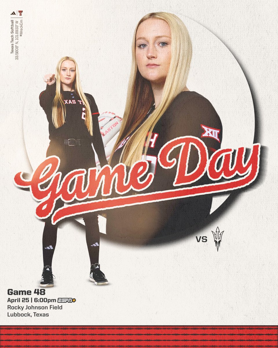 TexasTechSB's tweet photo. We play softball today!

🆚Arizona St.
⏰6 p.m.
🏟️Rocky Johnson Field

📊https://t.co/XuXQ9VWmwj
📺https://t.co/jWTHwJc6xm https://t.co/1Gzst1NW2V