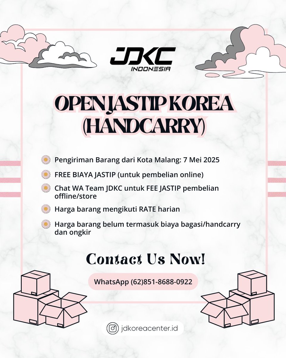 jdkc_id's tweet image. ✈️ OPEN BAGASI &amp;amp; HANDCARRY ✈️

KOREA 🇰🇷 to INDONESIA 🇮🇩

🏷 KRW 12,500 / IDR 150,000 per KG

⚖️ Minimum 1 KG

🛍 Menerima Jastip Korea

Chat Team JDKC untuk informasi lebih lanjut 🫶

➖️

𝐉𝐃𝐊𝐂 𝐈𝐍𝐃𝐎𝐍𝐄𝐒𝐈𝐀 @jdkc_id
𝚃𝚑𝚎 𝚋𝚎𝚜𝚝 𝙺-𝙿𝙾𝙿 𝚂𝚝𝚘𝚛𝚎 𝚊𝚗𝚍…