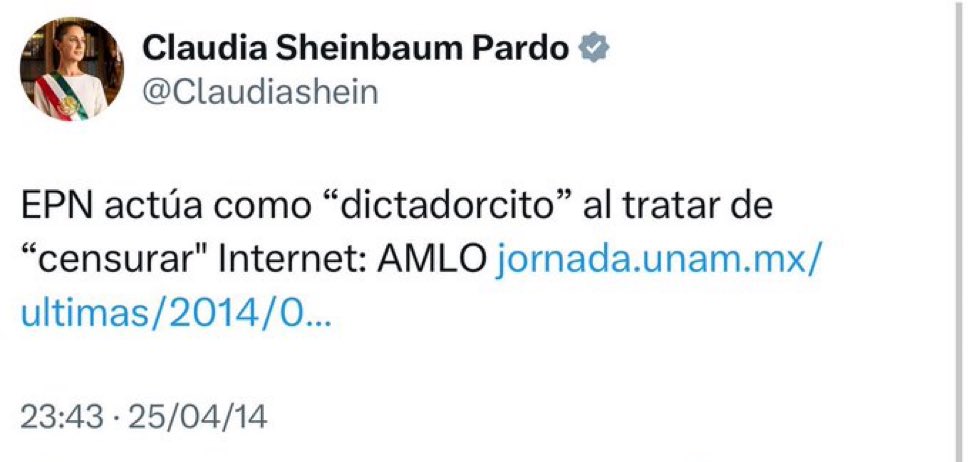 Oiga <a href="/Claudiashein/">Claudia Sheinbaum Pardo</a> y con estén tuit del 2014, ¿qué hacemos? Lo enmarcamos, lo pegamos en Palacio Nacional?