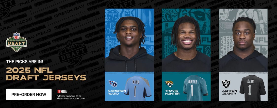 The picks are in!
Rep your favorite rookies with official 2025 NFL Draft Jerseys — now available for pre-order!

Cameron Ward (Titans), Travis Hunter (Jaguars), Ashton Jeanty (Raiders) — who’s your pick?

Get yours now: nflshop.k77v.net/MAR7j3

#NFLDraft #NFLDraft2025