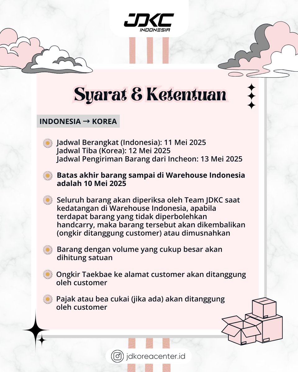 jdkc_id's tweet image. ✈️ OPEN BAGASI &amp;amp; HANDCARRY ✈️

INDONESIA 🇮🇩 to KOREA 🇰🇷

🏷 KRW 10,000 / IDR 120,000 per KG

⚖️ Minimum 1 KG

🛍 Menerima Jastip Indonesia

Chat Team JDKC untuk informasi lebih lanjut 🫶

➖️

𝐉𝐃𝐊𝐂 𝐈𝐍𝐃𝐎𝐍𝐄𝐒𝐈𝐀 @jdkc_id
𝚃𝚑𝚎 𝚋𝚎𝚜𝚝 𝙺-𝙿𝙾𝙿 𝚂𝚝𝚘𝚛𝚎 𝚊𝚗𝚍…
