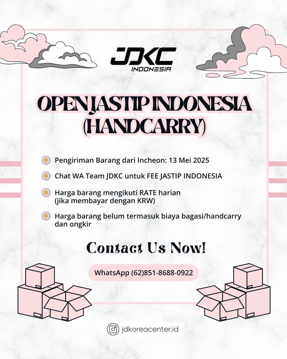 jdkc_id's tweet image. ✈️ OPEN BAGASI &amp;amp; HANDCARRY ✈️

INDONESIA 🇮🇩 to KOREA 🇰🇷

🏷 KRW 10,000 / IDR 120,000 per KG

⚖️ Minimum 1 KG

🛍 Menerima Jastip Indonesia

Chat Team JDKC untuk informasi lebih lanjut 🫶

➖️

𝐉𝐃𝐊𝐂 𝐈𝐍𝐃𝐎𝐍𝐄𝐒𝐈𝐀 @jdkc_id
𝚃𝚑𝚎 𝚋𝚎𝚜𝚝 𝙺-𝙿𝙾𝙿 𝚂𝚝𝚘𝚛𝚎 𝚊𝚗𝚍…