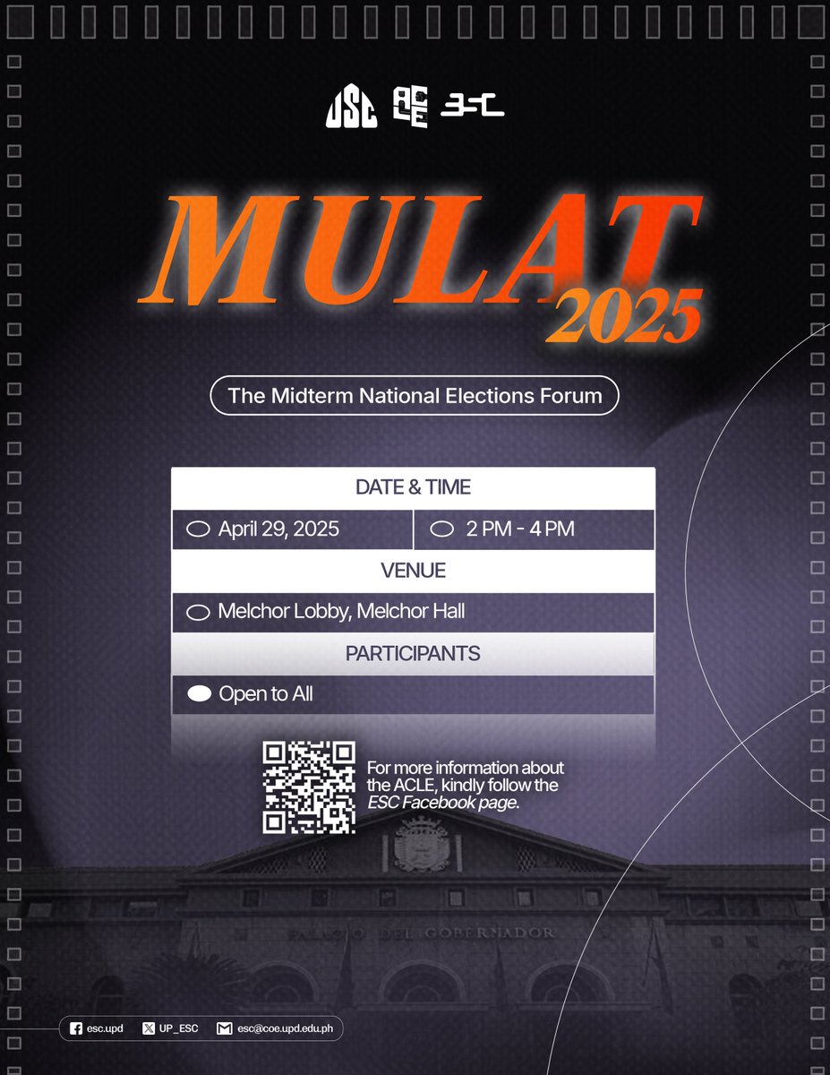 [ACLE 2025 - MULAT: THE 2025 MIDTERM NATIONAL ELECTIONS]

Join us this April 29, 2025 at 2-4pm at the Maynilad Room, Melchor Hall!

See more: bit.ly/3S7sOac

#MULAT
#ESC2425
#LiwaywayACLE2025
#LiwaywaySaKadiliman
#KabataanAngPagasa