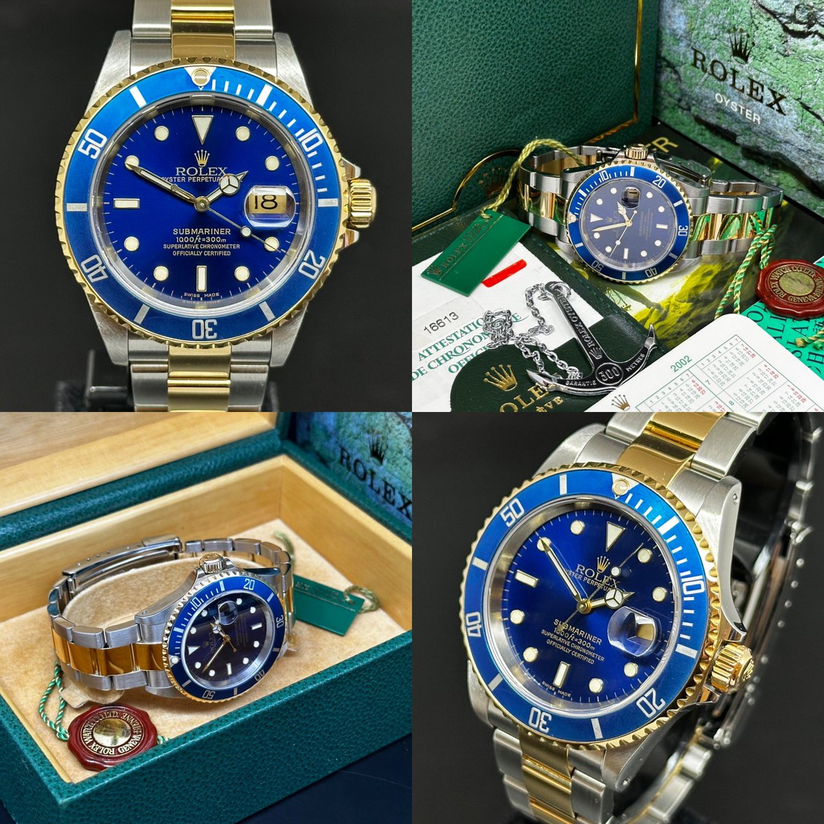 TheWatchSpy's tweet photo. This original 2002 Rolex Submariner 'Bluesy' 16613LB is in excellent condition, comes with a full set of Rolex boxes, Rolex AD certificate, plus accessories and a 24 month warranty. Price £9250 https://t.co/DQNXRcGEQq