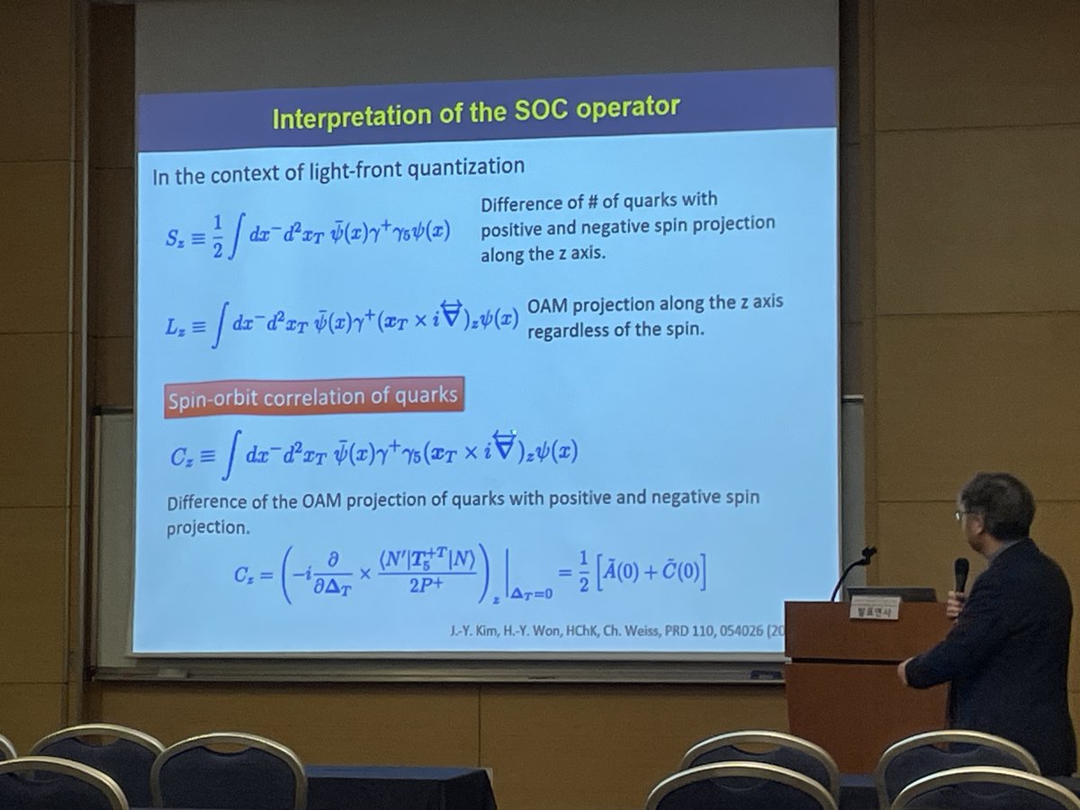 rothkopfAK's tweet photo. Exciting to see the #hadron #theory community in South Korea actively contributing to the resolution of the nucleon spin problem by exploring higher twist form factors that encode spin-orbit correlations. Latest results from Hyunchul Kim (@inha_univ) at #KPSSpring25. https://t.co/IcOXZOJYOY