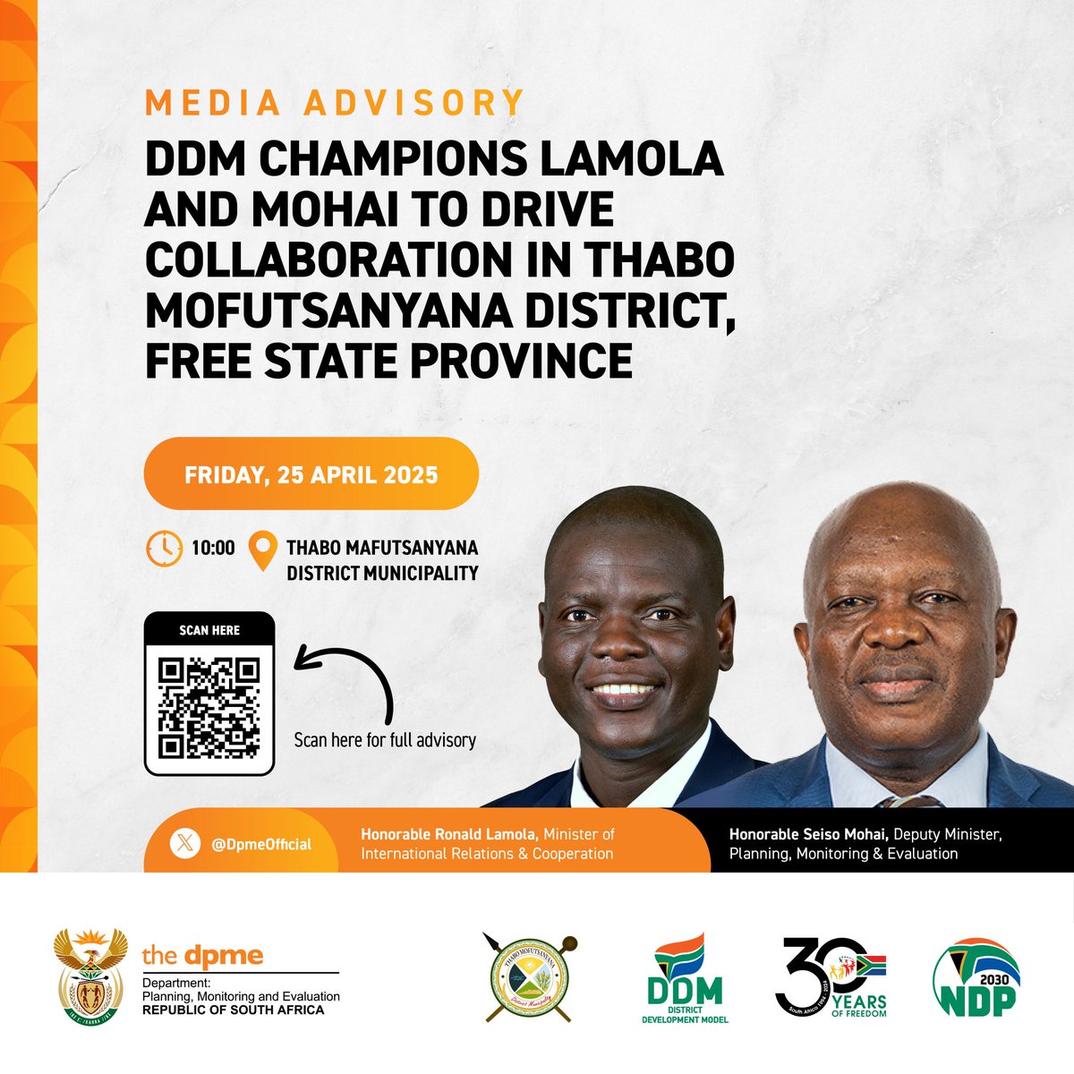 📍TODAY

 📢 DDM newly appointed champions <a href="/RonaldLamola/">Minister: International Relations and Cooperation</a>  &amp; <a href="/mohai_seiso/">Seiso Mohai</a>
will drive collaboration in THABO MOFUTSANYANA DISTRICT <a href="/TeamTMDM/">Thabo Mofutsanyana</a> and host an Introductory Engagement with key provincial and municipal stakeholders.

#DDMinAction 
#LeaveNoOneBehind
#BuildingBackBetter