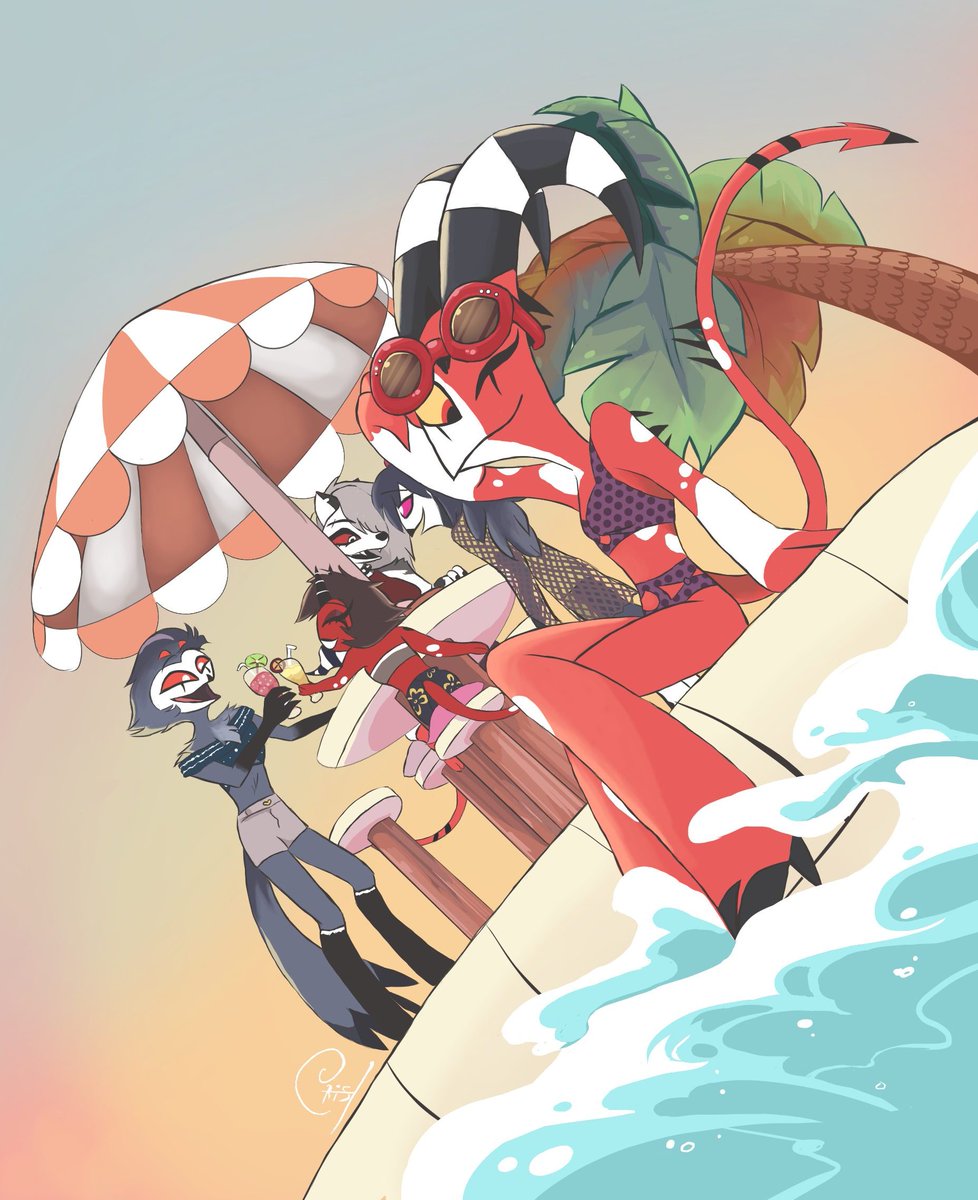 Day 4 of <a href="/FemBlitzWeek/">Feminine Blitz Week</a>: Vacation 🌊🌞
(sorry that the angle didn't let me show much of Moxxie, he's having fun too, promise!)

#Blitzø #HelluvaBoss #FemBlitzWeek