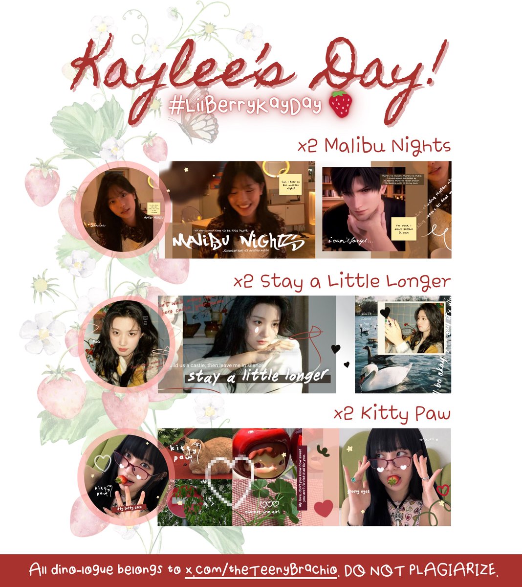 theTeenyBrachio's tweet image. Reposts are appreciated, danke! 🌸

Dalam rangka ultah Kak Kay (@adorebluee_), ada 6 FREE LAYOUT BY REQUEST dari katalog MALIBU NIGHTS, SALL, dan KITTY PAW loh! 🍓 #LilBerryKayDay  

Rules-nya ada dibawah ya! Jangan lupa dibaca 🩷

⏰ 20:20 WIB
🦕 War by DM

🌀 #zonauang #zonaba