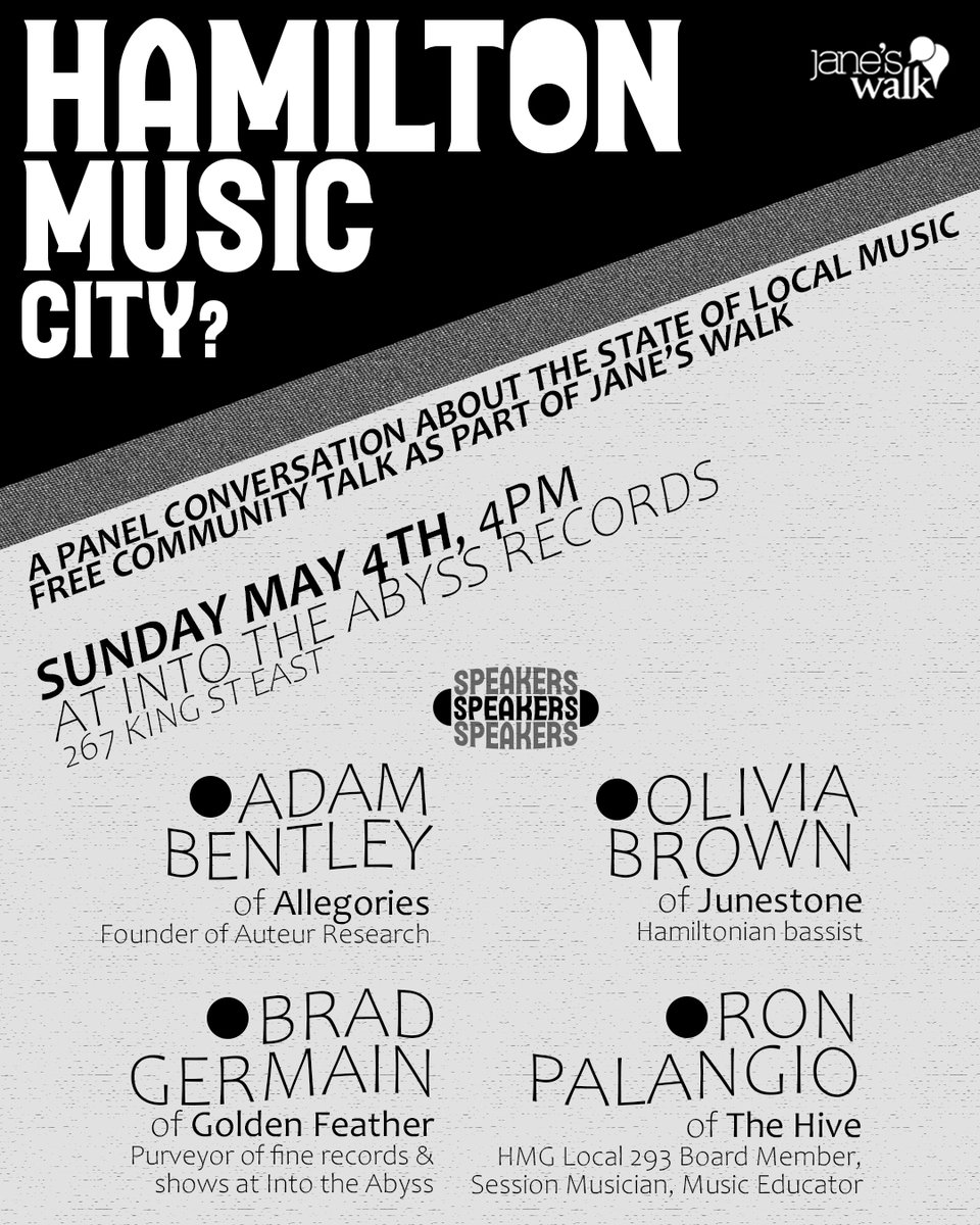Jane's Talks - Hamilton: Music City? 🎵 - Sunday, May 4th | 4:00 PM📍@intotheabyssrecords (267 King Street E): A fascinating panel conversation about the state of local music featuring @adembentley ,
<a href="/junestoneolivia/">𝕛𝕦𝕟𝕖𝕤𝕥𝕠𝕟𝕖</a> , @spruceinvasion
and Ron Palangio. #janeswalk #hamilton
