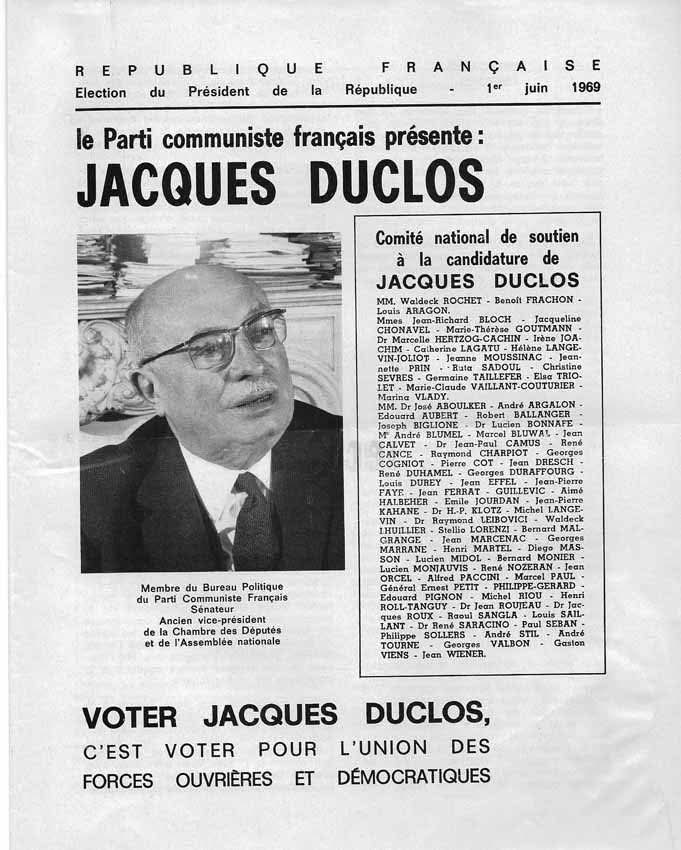 🇫🇷🚩 25 avril 1975 - Décès de Jacques Duclos.

Militant communiste et dirigeant du Parti communiste français.

Il obtient 21,3% des voix à l'élection présidentielle de 1969, le meilleur score obtenu par un candidat communiste à une élection présidentielle en France.