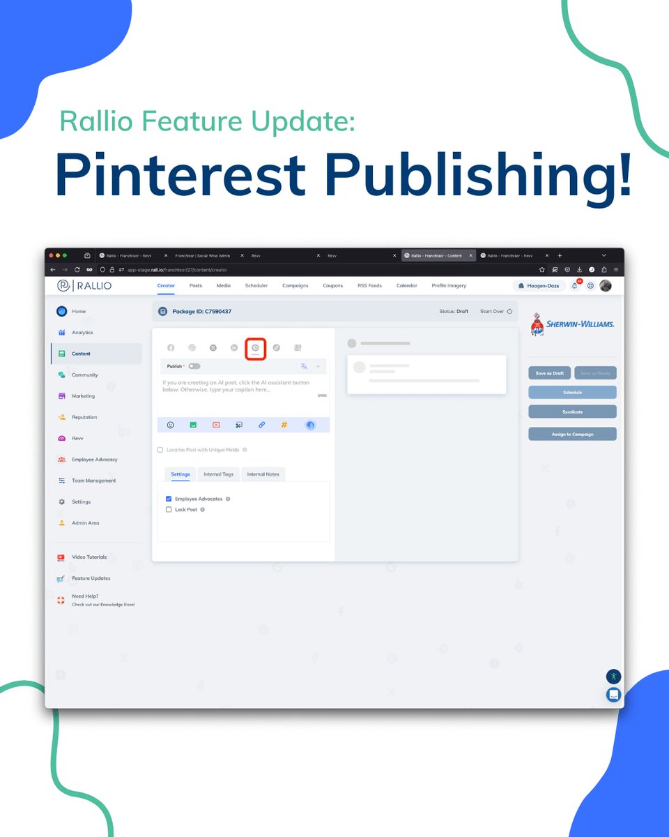 rallioHQ's tweet photo. We’re thrilled to announce that Pinterest publishing is now available! You can create, schedule, and publish pins directly from your Rallio dashboard—just like you do with your other platforms. 💪 💻 📌 https://t.co/MJJzdIThnz