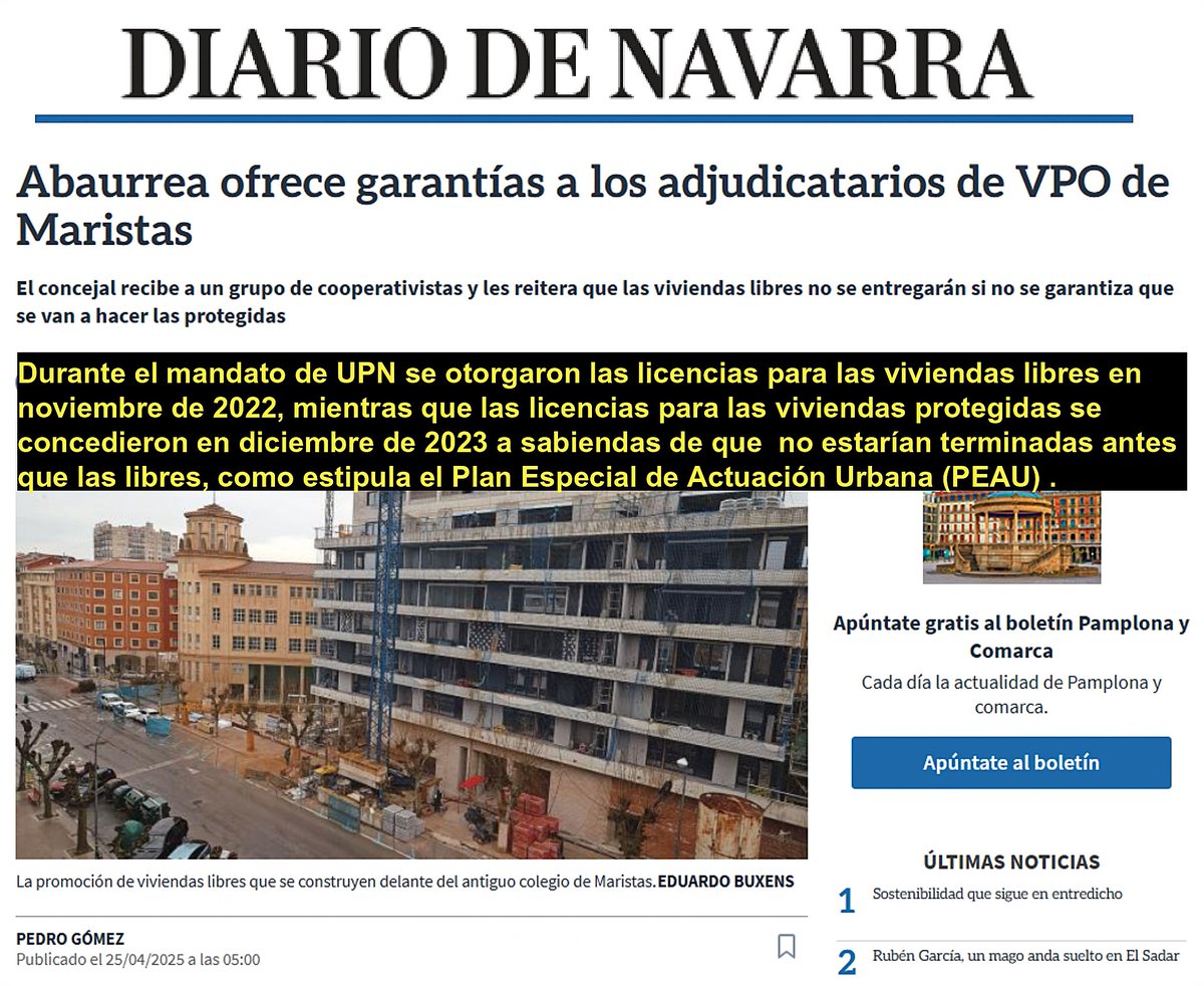 DiabloNavarra's tweet image. Diario de Navarra no te cuenta que UPN permitió construir primero las viviendas de lujo en Maristas y dejó en el aire las protegidas. Más de 100 familias siguen esperando su hogar. Urbanismo para el beneficio privado, no para la gente. #Pamplona #Iruña #Maristas #UPNstyle