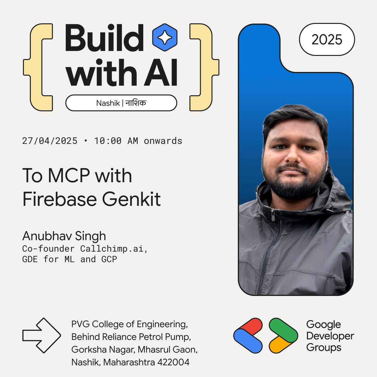 🤖 From Models to Cloud Functions – and everything in between.
<a href="/xprilion/">Anubhav Singh</a> is all set to guide you To MCP with Firebase Genkit this 27th April at Build with AI! Don’t miss it!

For RSVP fill out the form below

👉 forms.gle/i6oUgvNSCZJnBV…