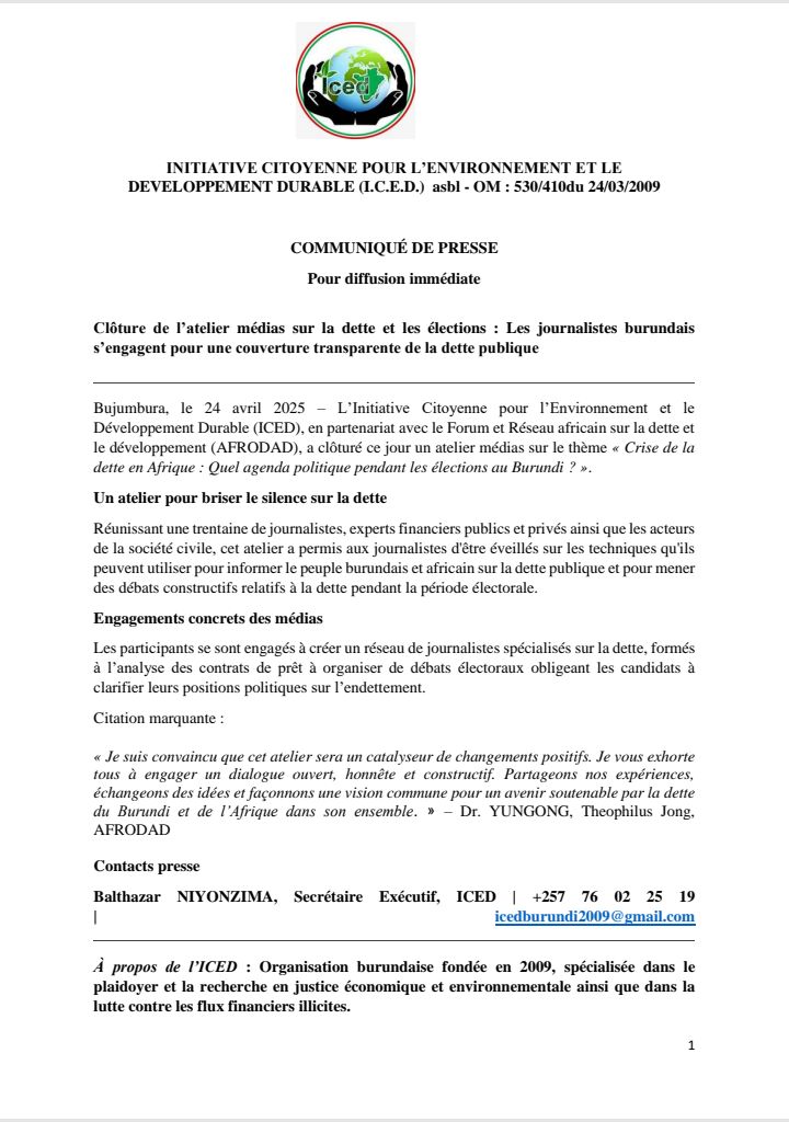 USAD BURUNDI (@usad_burundi) on Twitter photo En Voici le communiqué de presse après l'atélier médias sur thème :"Dette Publique en Afrique:Quel Agenda Pô pendant les élections au Burundi" organisé par <a href="/ICEDBurundi/">Iced Burundi</a> et <a href="/AFRODAD2011/">AFRODAD</a> à Bujumbura ce 24 Avril 2024.
<a href="/mincotim/">Ministère de la Communication,des TI et des Médias</a> En Voici le communiqué de presse après l'atélier médias sur thème :"Dette Publique en Afrique:Quel Agenda Pô pendant les élections au Burundi" organisé par <a href="/ICEDBurundi/">Iced Burundi</a> et <a href="/AFRODAD2011/">AFRODAD</a> à Bujumbura ce 24 Avril 2024.
<a href="/mincotim/">Ministère de la Communication,des TI et des Médias</a>