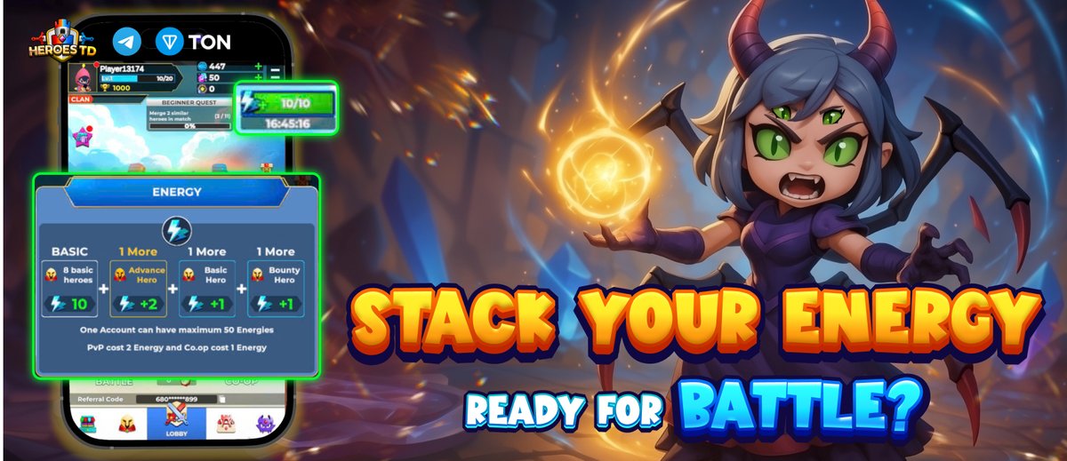 ⚡️ STACK YOUR ENERGY – READY FOR BATTLE? ⚡️
 
💪 Your Heroes never rest, which means the battlefield is always waiting for you to jump in! 

💥 At HeroesTD, every warrior automatically receives 10 Energy each day — and that’s just the beginning!
The more Heroes you own, the more