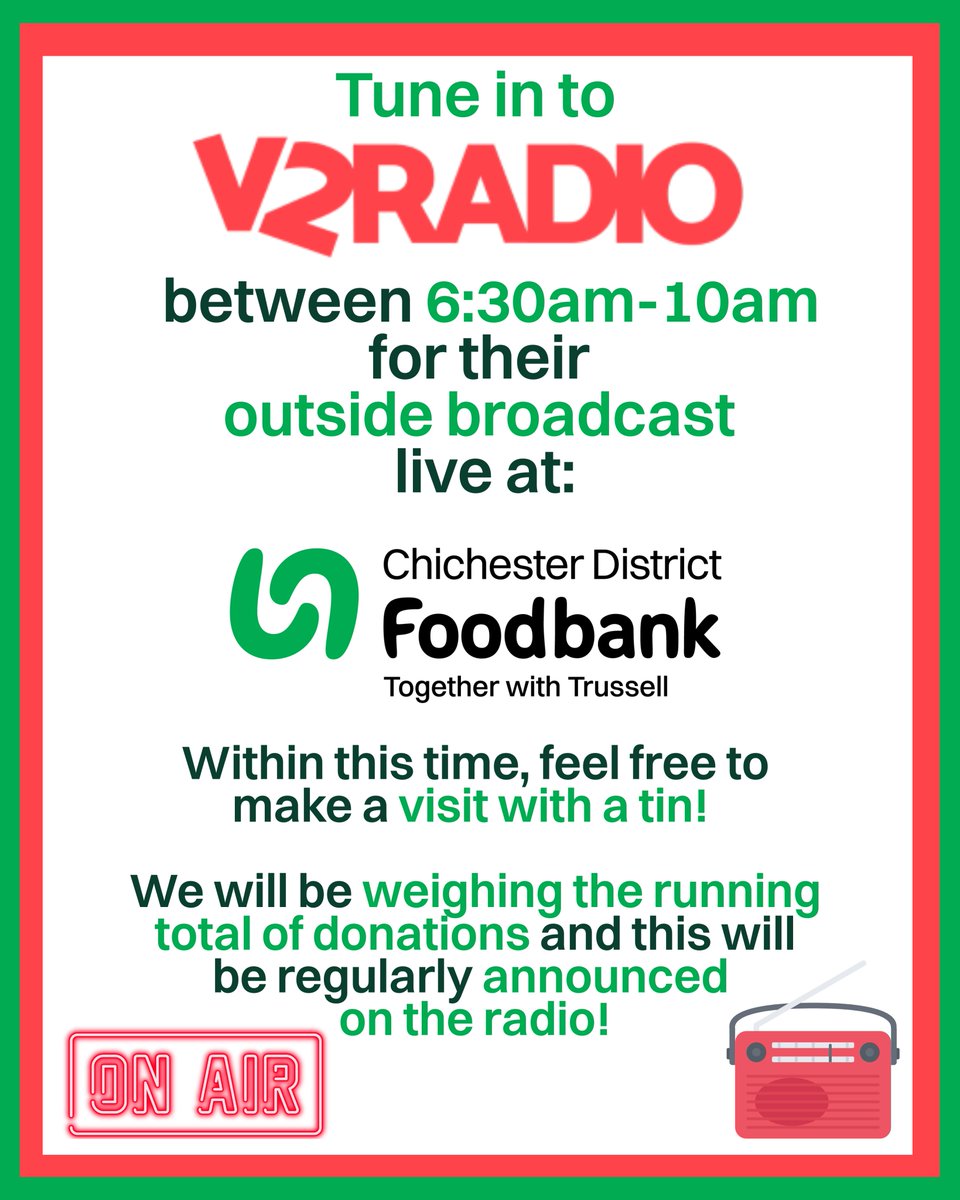 V2 Radio are live broadcasting from our new premises this morning!📻

🎧Tune in to Tanya's show between 6:30am-10am for great music as well as getting to hear from our foodbank! Listen here - v2radio.co.uk

#v2radio #radio #outsidebroadcast #foodbank #chichester