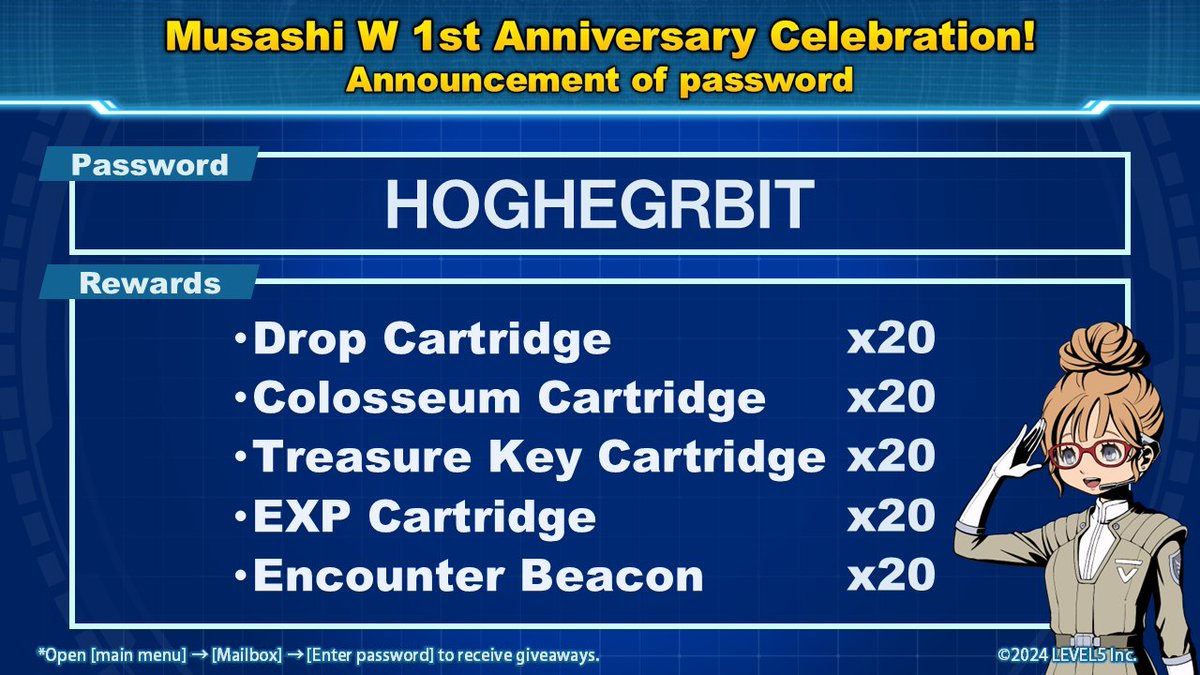 Today marks the 1st anniversary of Musashi W's release! 🎉
We're giving away 20 of each type of Cartridge!
Use the password &amp; enjoy the anniversary while gathering the parts &amp; weapons you need:
-ＨＯＧＨＥＧＲＢＩＴ-
We'll drop another one tomorrow, so stay tuned!
#MEGATONMUSASHI