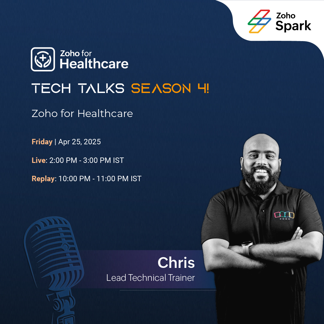 Tech Talks S4 | Ep 16  - Zoho for Healthcare
We’re reposting this with a fresh twist – new host, same amazing insights! 

Dive into how Tech + science = smarter care for all. 

Live:   zurl.co/E6p7K
Replay: zurl.co/NWtts

#ZohoSpark  #ZohoForHealthcare
