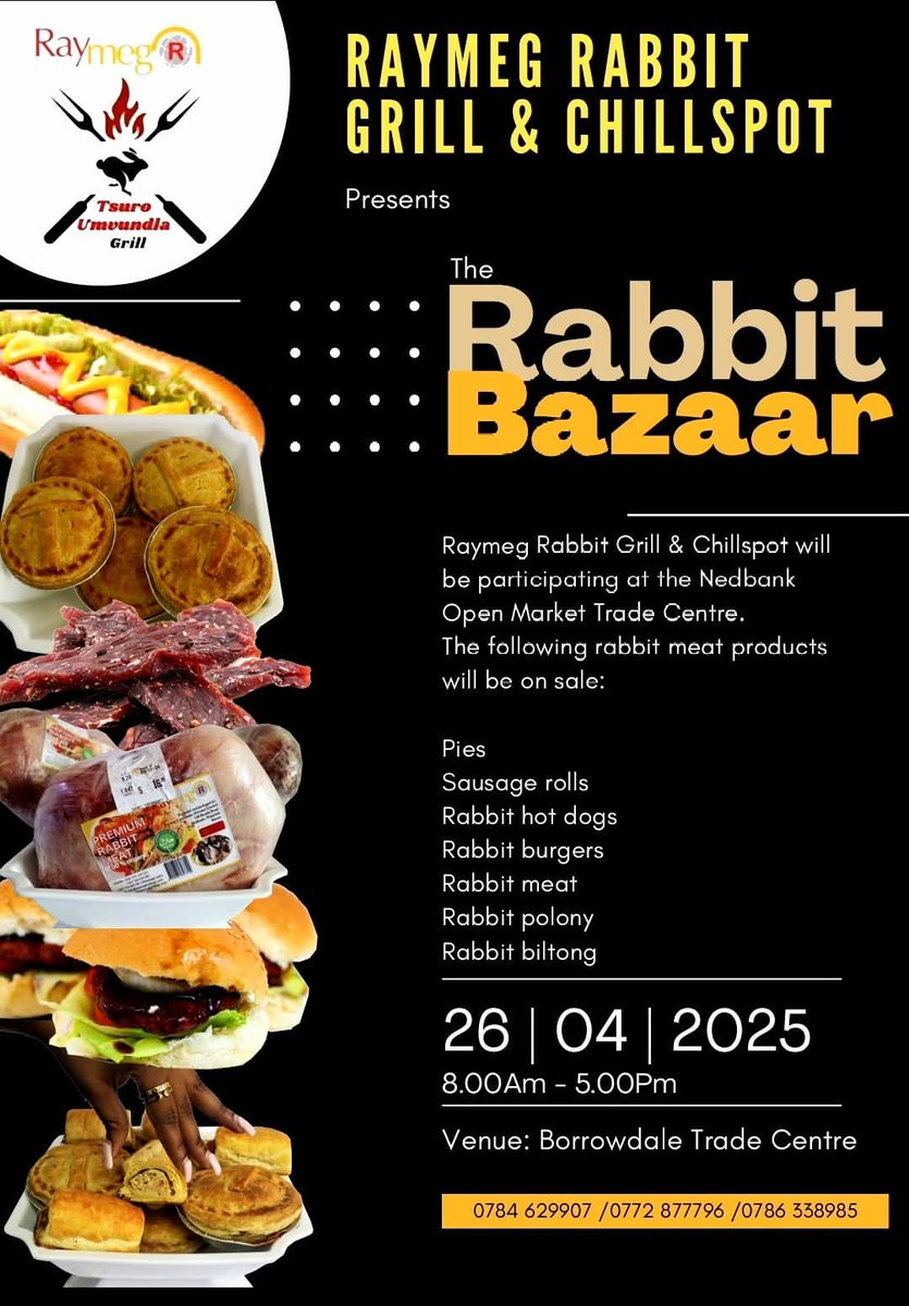 GrillRabbit's tweet photo. EXCITING NEWS!
Get ready to hop into the weekend with a taste adventure like no other with our Rabbit Bazaar!
Join us at the Nedbank Open Market Trade Centre, Borrowdale Trade Centre, on April 26th, 2025, from 8am to 5pm!
#Raymeg #raymegrabbit #healthyeating #flamegrilledburger https://t.co/Kid06K9gDI