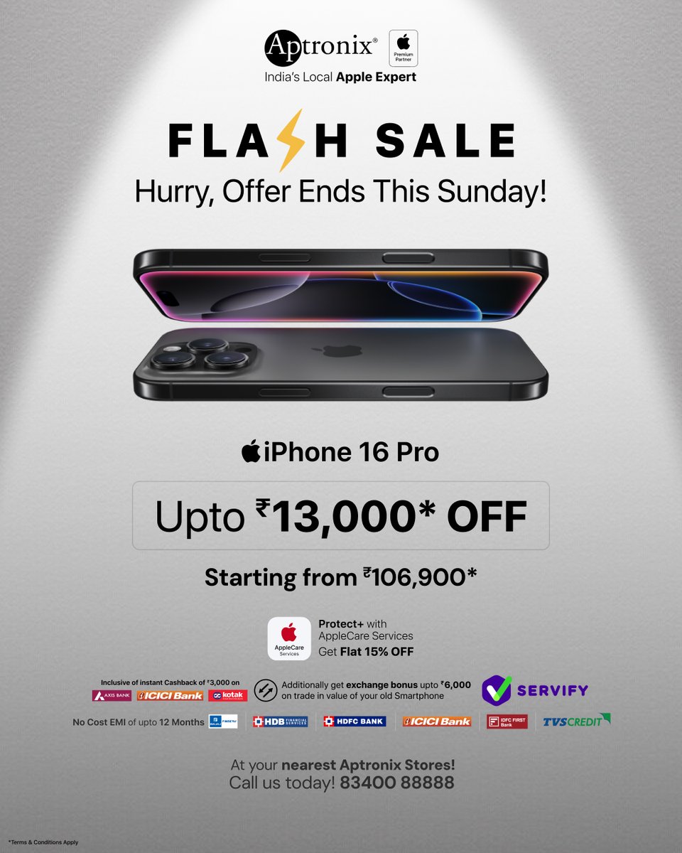 Weekend Flash Sale! 🎉
Buy any iPhone and SAVE up to ₹13,000*
Store locator link - aptronixindia.com/store-locator
*Terms &amp; conditions apply.
(iPhone, Aptronix, Apple, Apple Phone, Apple Smartphone, iPhone 15, iPhone 16, iPhone 16e, iPhone 16 Pro, iPhone 16 Pro Max)