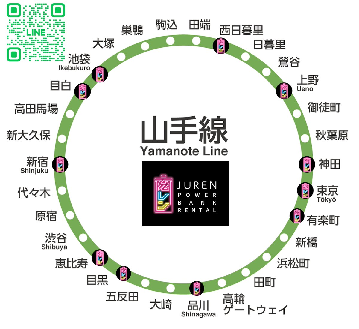 📢【充レン山手線マップ公開🎉】
ついに充レンが、山手線の11駅に設置完了！

💡設置駅：
東京/有楽町/品川/目黒/恵比寿/新宿/目白/池袋/西日暮里/上野/神田

🚉駅ナカで充電、移動中にサクッと返却！
災害時にも安心なインフラとして、あなたの毎日を支えます⚡

🔌「今どこで借りられる？」
