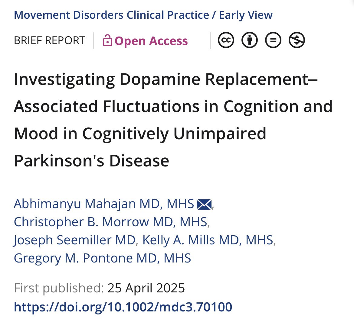 Abhimanyu Mahajan (@amahajanmd) on Twitter photo Can cognitively unimpaired individuals with Parkinson’s disease experience fluctuations in cognition and mood with dopamine replacement?
Our work in <a href="/MDCP_Journal/">Movement Disorders Clinical Practice</a> reveals greater odds of fluctuations in anxiety and cognition with autonomic burden.
…mentdisorders.onlinelibrary.wiley.com/doi/10.1002/md… Can cognitively unimpaired individuals with Parkinson’s disease experience fluctuations in cognition and mood with dopamine replacement?
Our work in <a href="/MDCP_Journal/">Movement Disorders Clinical Practice</a> reveals greater odds of fluctuations in anxiety and cognition with autonomic burden.
…mentdisorders.onlinelibrary.wiley.com/doi/10.1002/md…