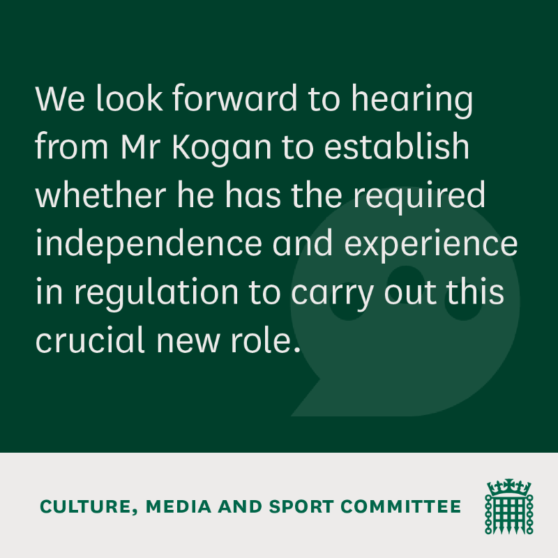 CommonsCMS's tweet photo. With the Government's announcement of David Kogan as its choice to become Chair of the new Independent Football Regulator, we will be holding a pre-appointment hearing with Mr Kogan on Wednesday 7 May at 10am.