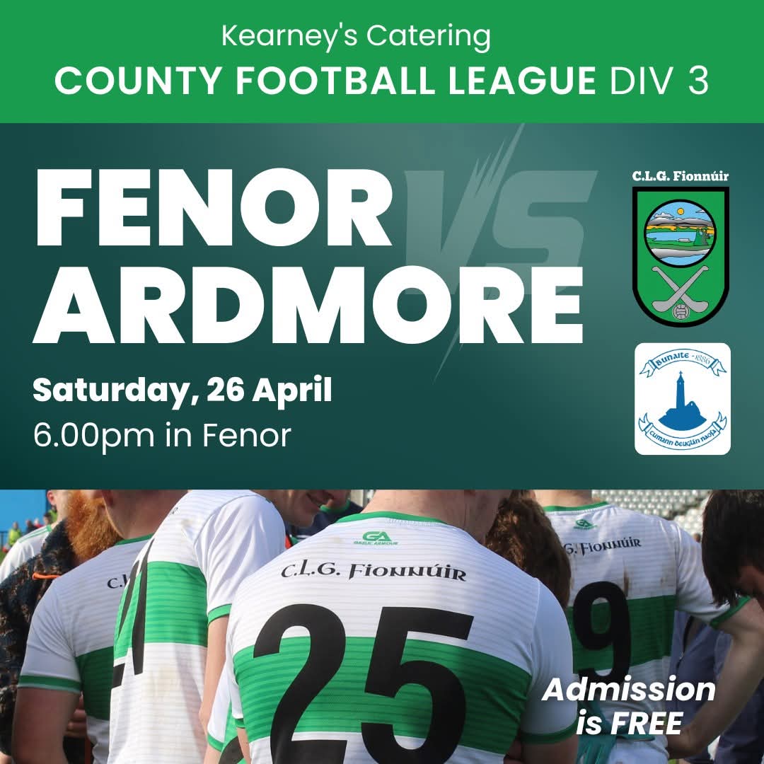 FENOR GAA CLUB (@fenorgaa) on Twitter photo The Fenor football team face a tough assignment against a seasoned <a href="/ardmoregaa/">ardmoregaa</a> outfit as we attempt to reach a 4th successive Co. League final with a game to spare in this Div. 3 meeting at home on Saturday. Best of luck lads.
⛅Throw-in 6pm, forecast is partly/mostly sunny!! The Fenor football team face a tough assignment against a seasoned <a href="/ardmoregaa/">ardmoregaa</a> outfit as we attempt to reach a 4th successive Co. League final with a game to spare in this Div. 3 meeting at home on Saturday. Best of luck lads.
⛅Throw-in 6pm, forecast is partly/mostly sunny!!